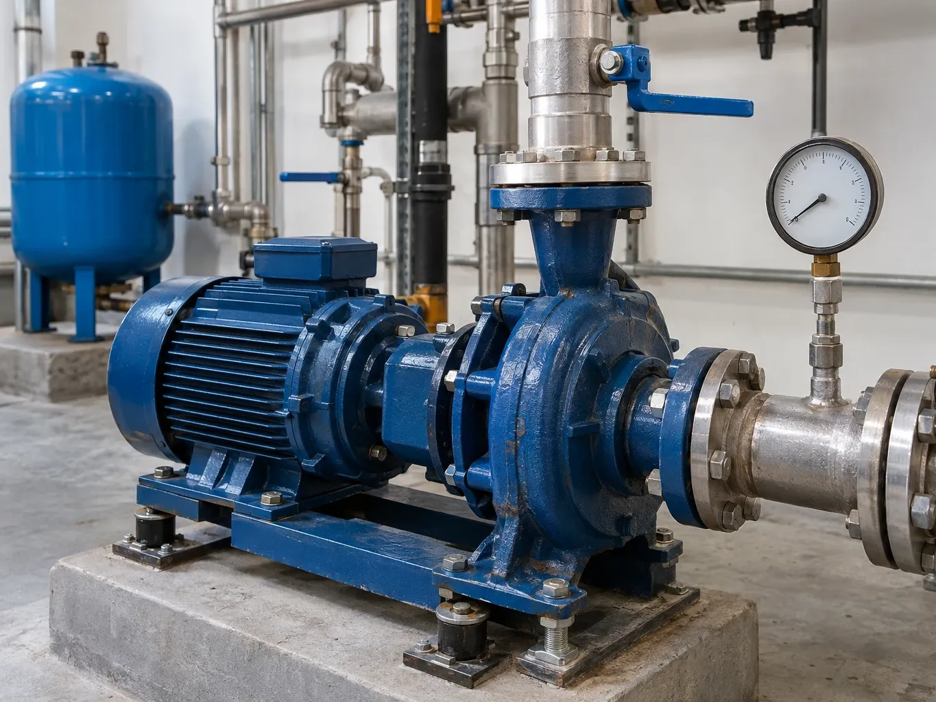Bomba centrífuga azul com motor elétrico em casa de bombas de condomínio, com manômetro, registros e tanque de pressão ao fundo