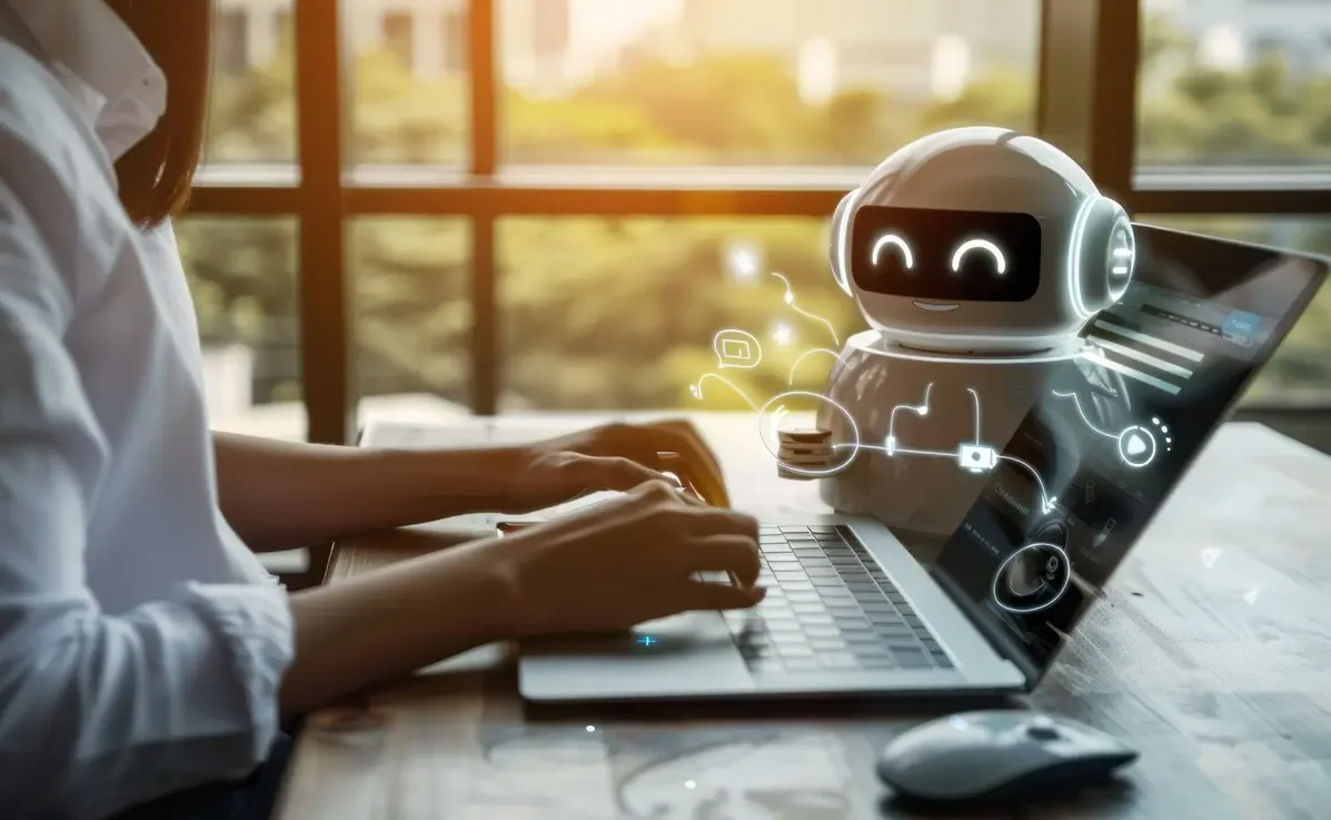 Profissional digita no notebook enquanto um pequeno robô de IA ao lado da tela exibe ícones de tarefas automatizadas