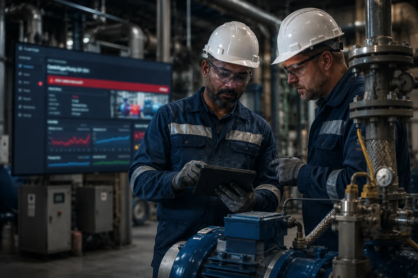 Dois técnicos de capacete analisam dados em um tablet junto a uma bomba industrial, com painel de monitoramento ao fundo