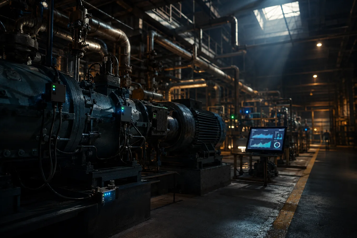 Fileira de bombas industriais com sensores IoT e monitor com gráficos de monitoramento em um galpão industrial