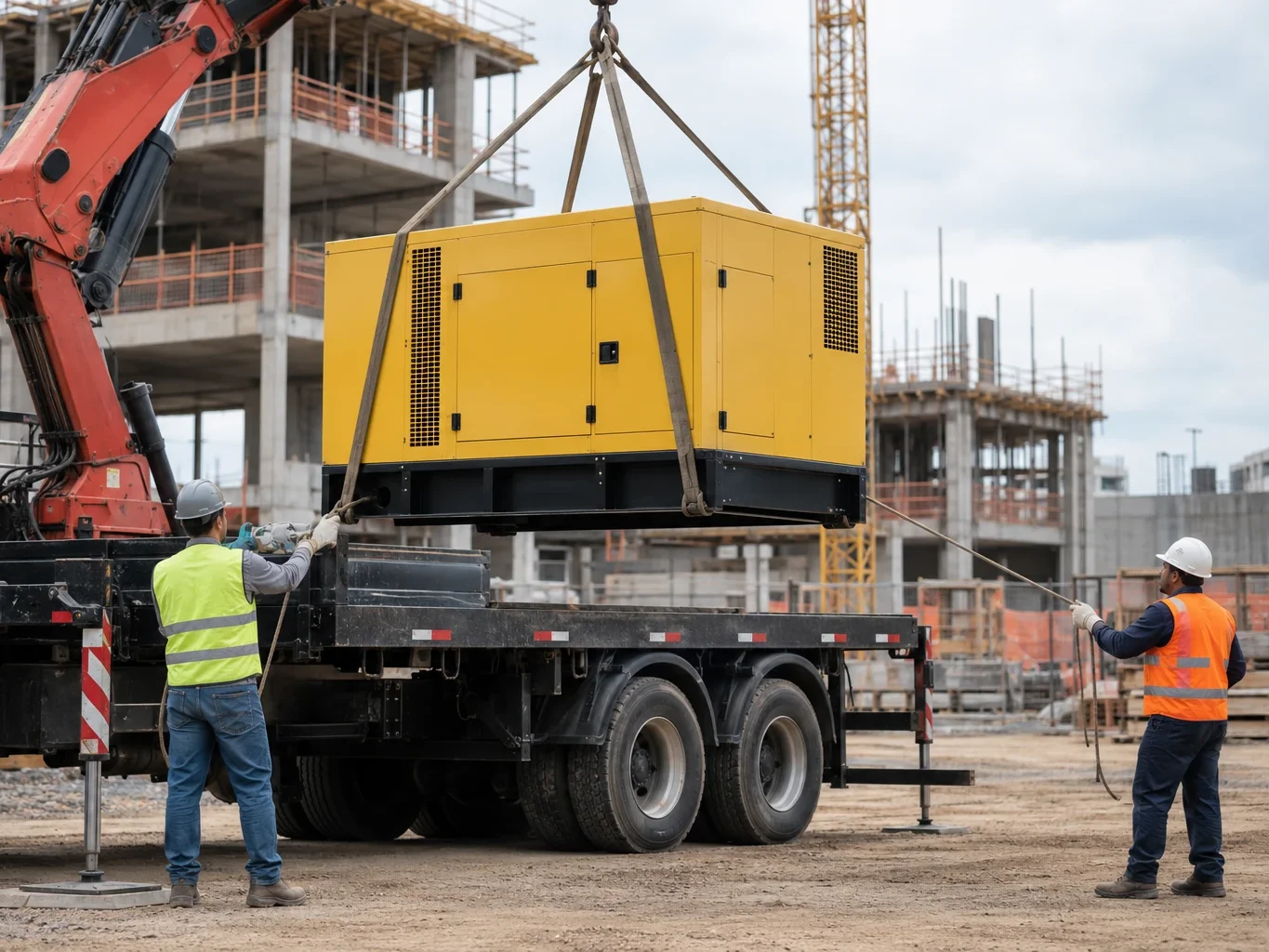 Grupo gerador amarelo sendo içado por guindaste de caminhão com dois técnicos em um canteiro de obras