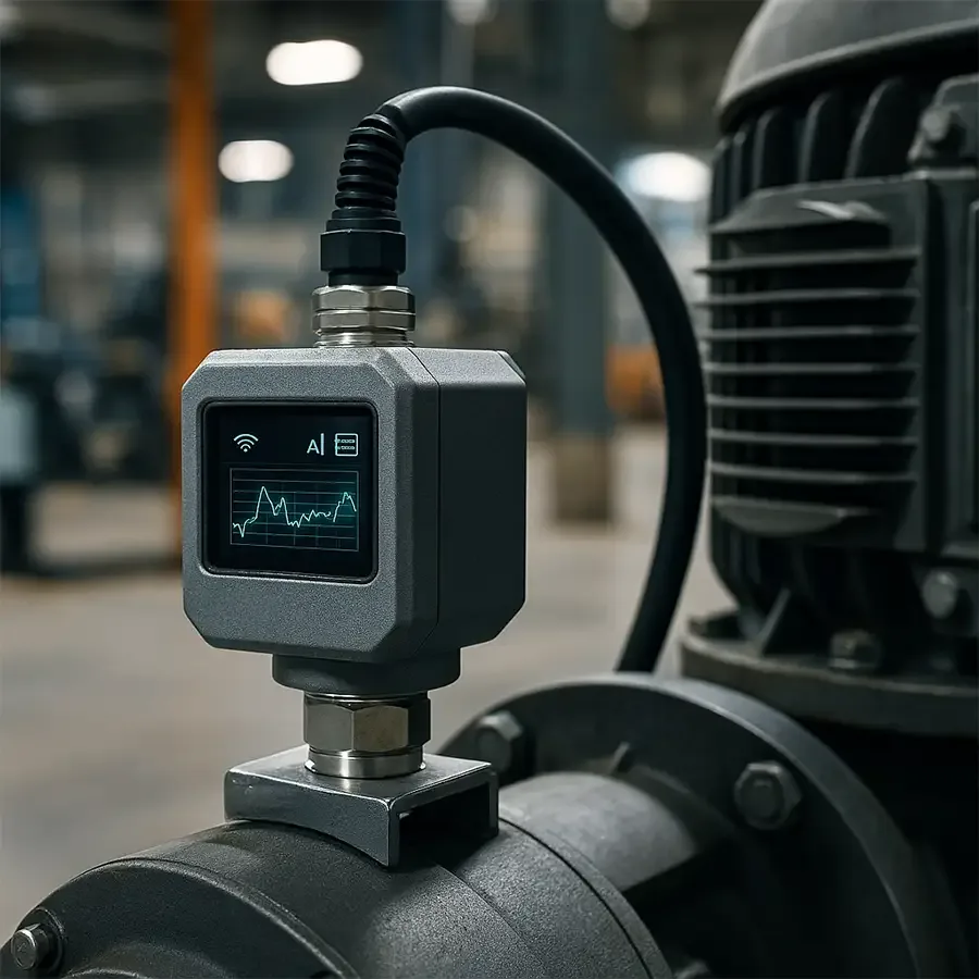 Sensor IoT com tela exibindo gráfico de vibração instalado junto a um motor elétrico industrial