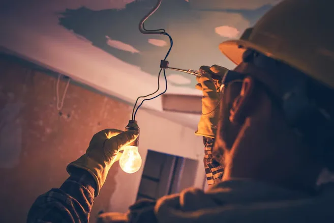 Eletricista com capacete conecta uma lâmpada à fiação exposta no teto durante uma reforma