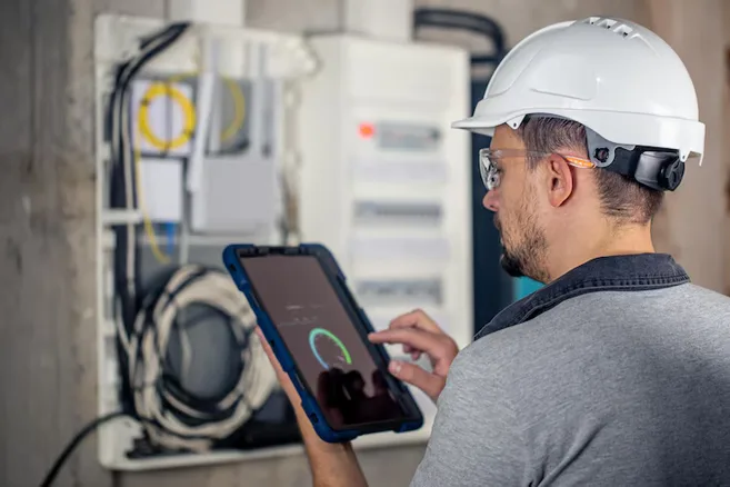 Técnico de capacete branco usa um tablet em frente a um painel elétrico com cabos e disjuntores