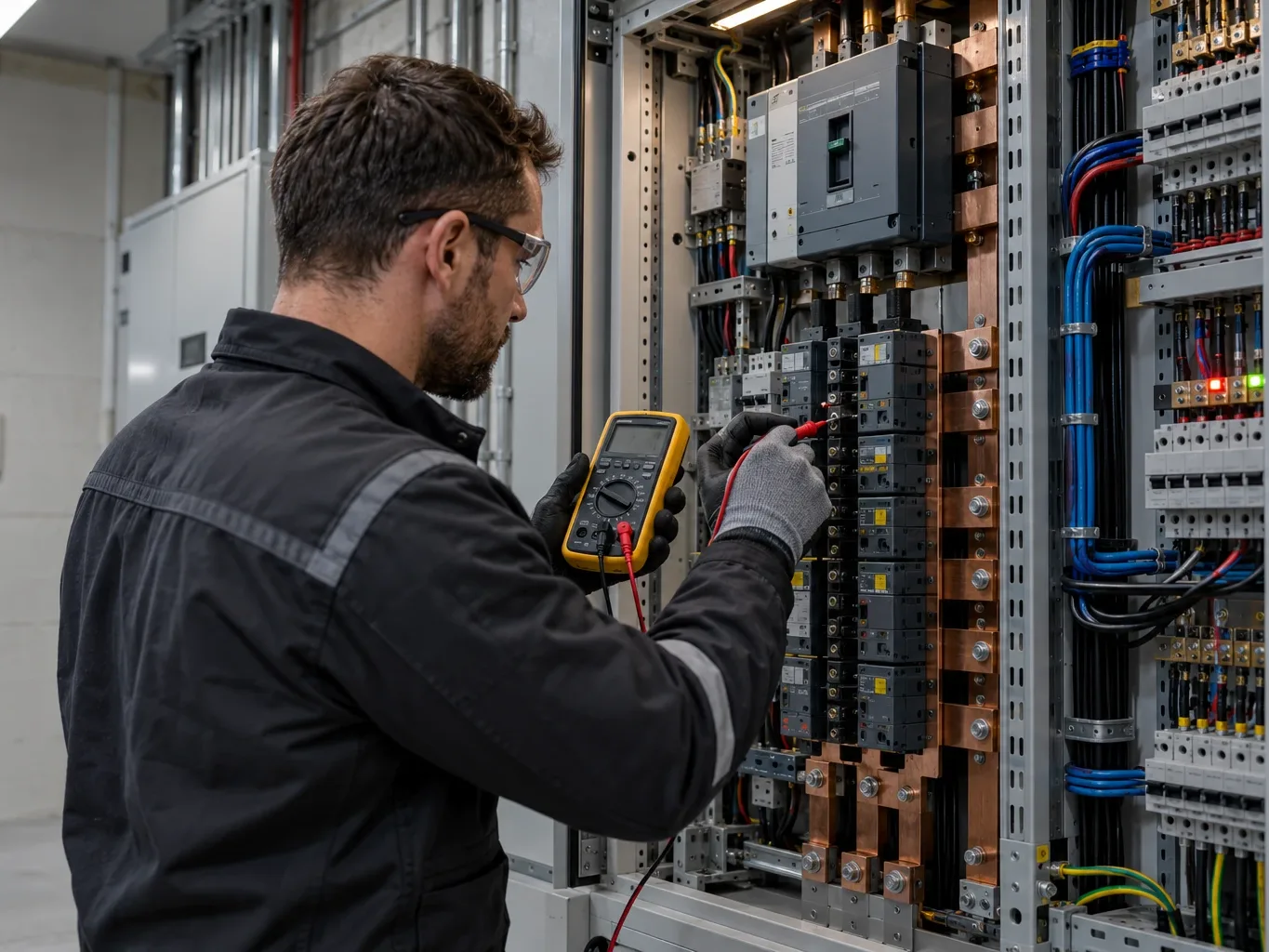 Técnico usando multímetro para medir um quadro elétrico industrial
