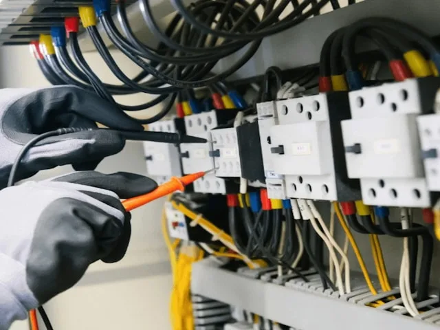 Mãos com luvas testam contatores em um quadro elétrico com pontas de prova de multímetro