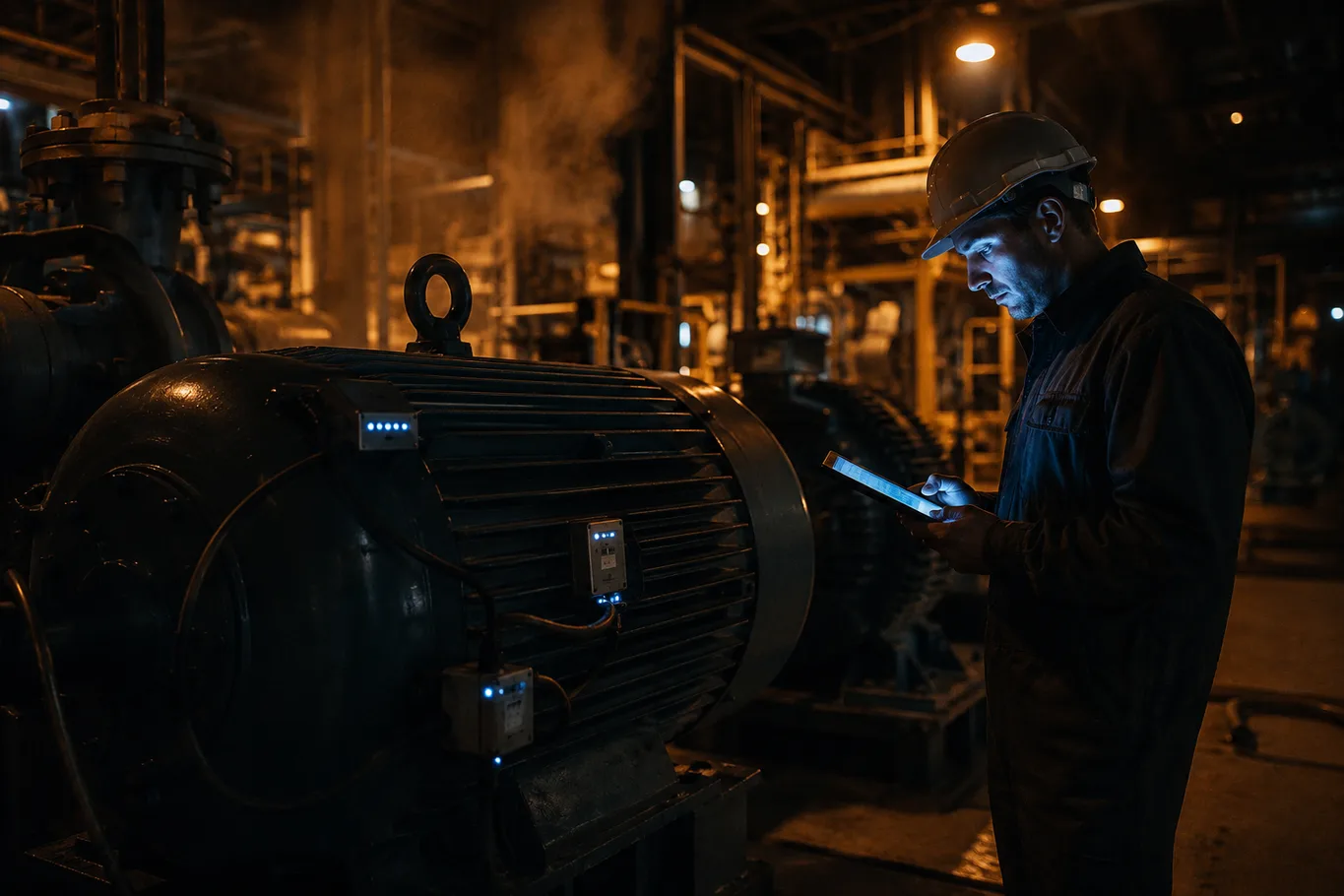 Técnico de capacete consulta um tablet diante de um motor elétrico com sensores luminosos em uma planta industrial