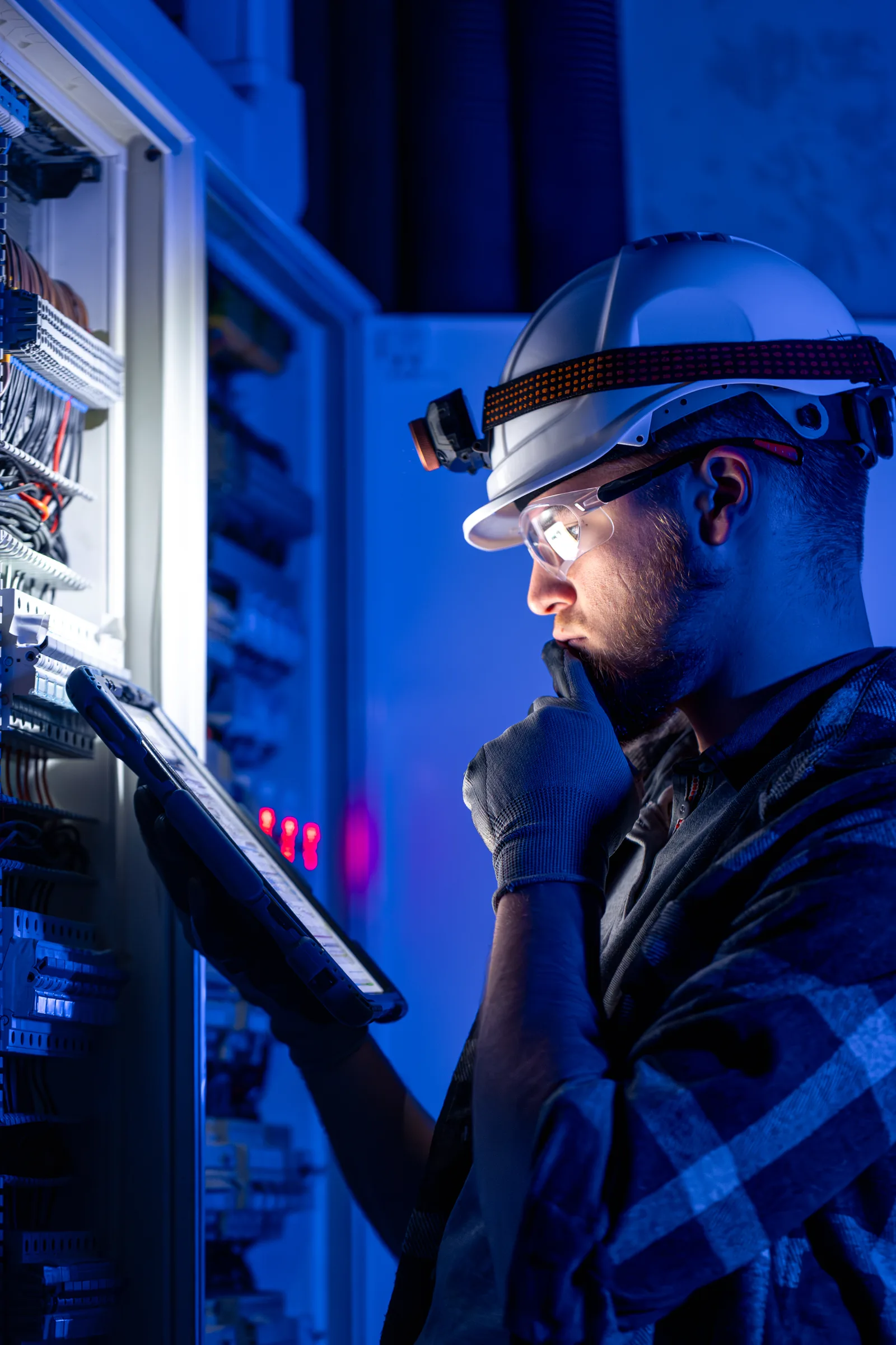 Eletricista com capacete e lanterna consulta um tablet enquanto inspeciona um quadro elétrico aberto