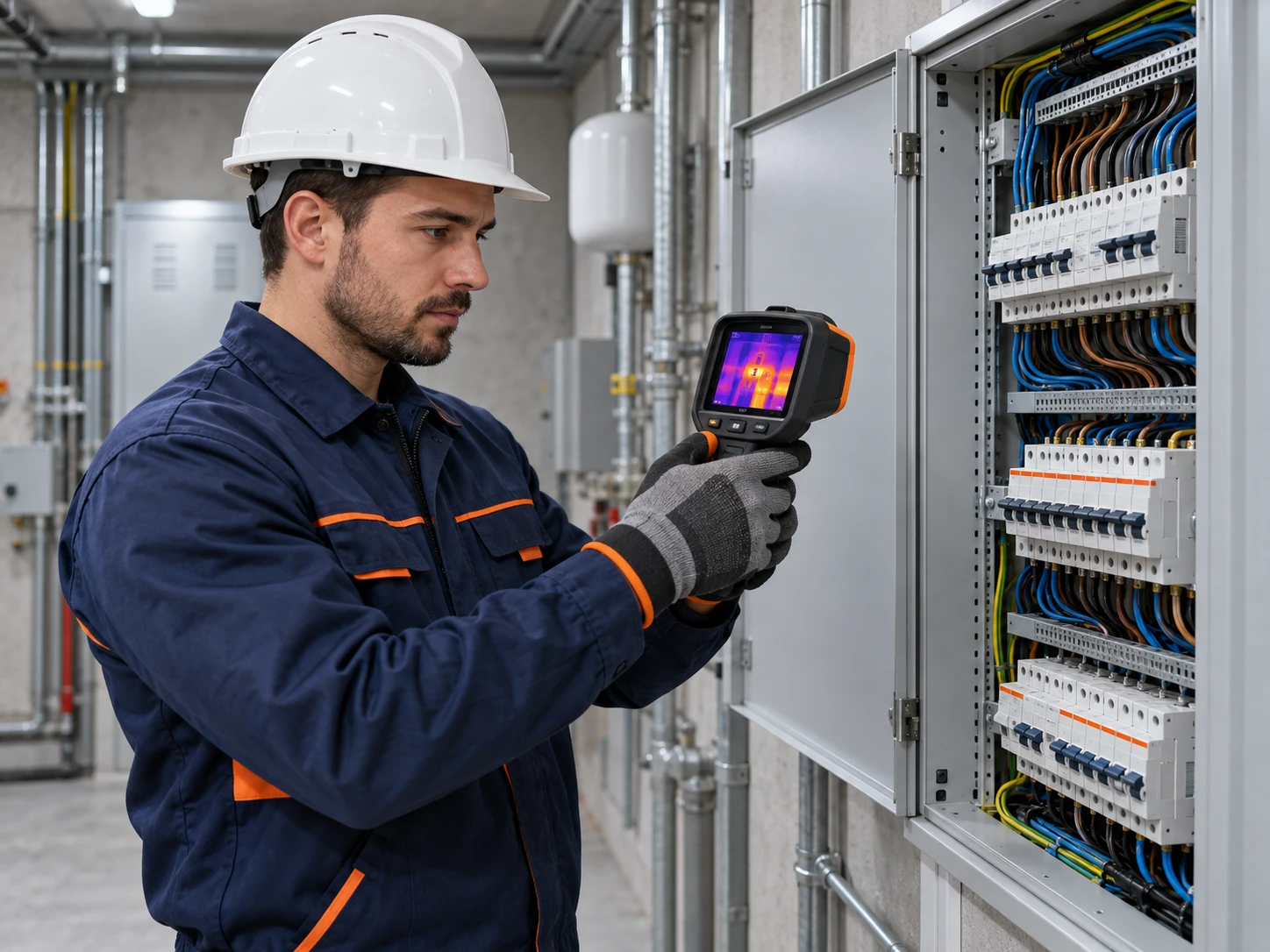 Técnico inspecionando quadro elétrico de condomínio com câmera termográfica