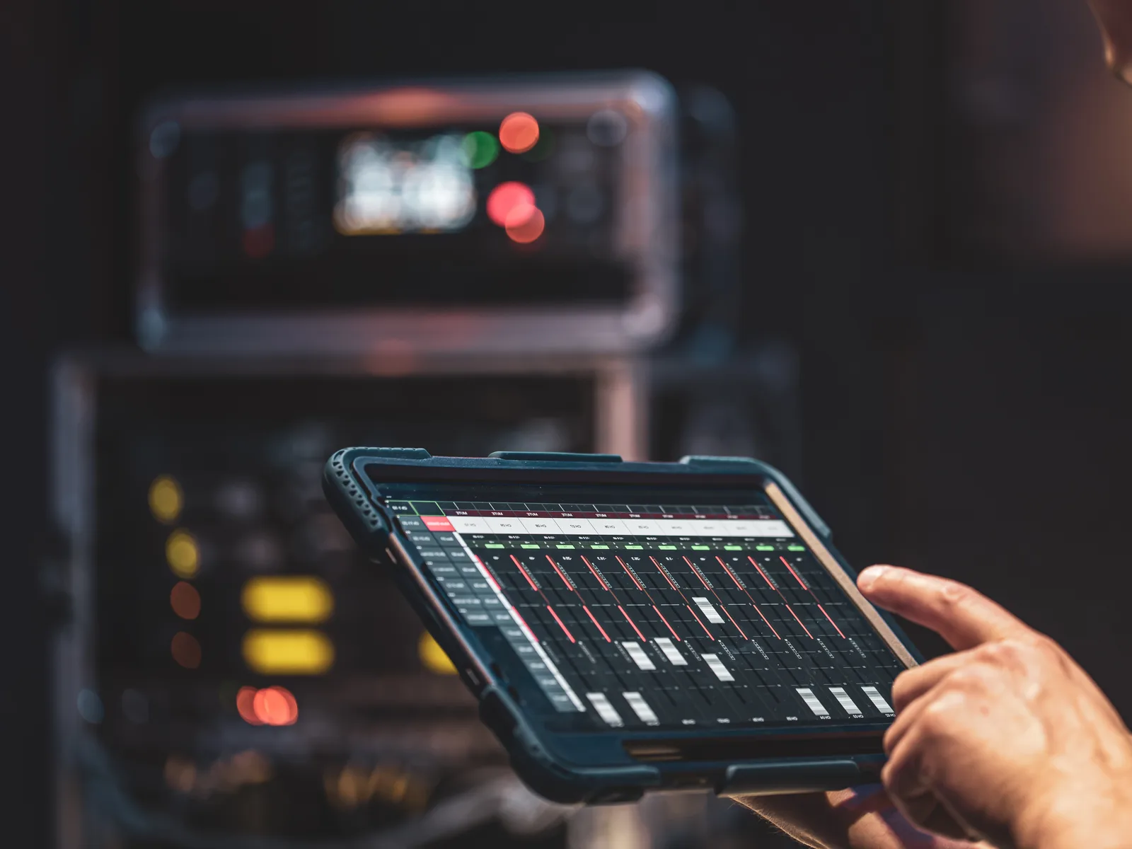 Mão segurando um tablet com interface de controle ao lado de um rack de equipamentos